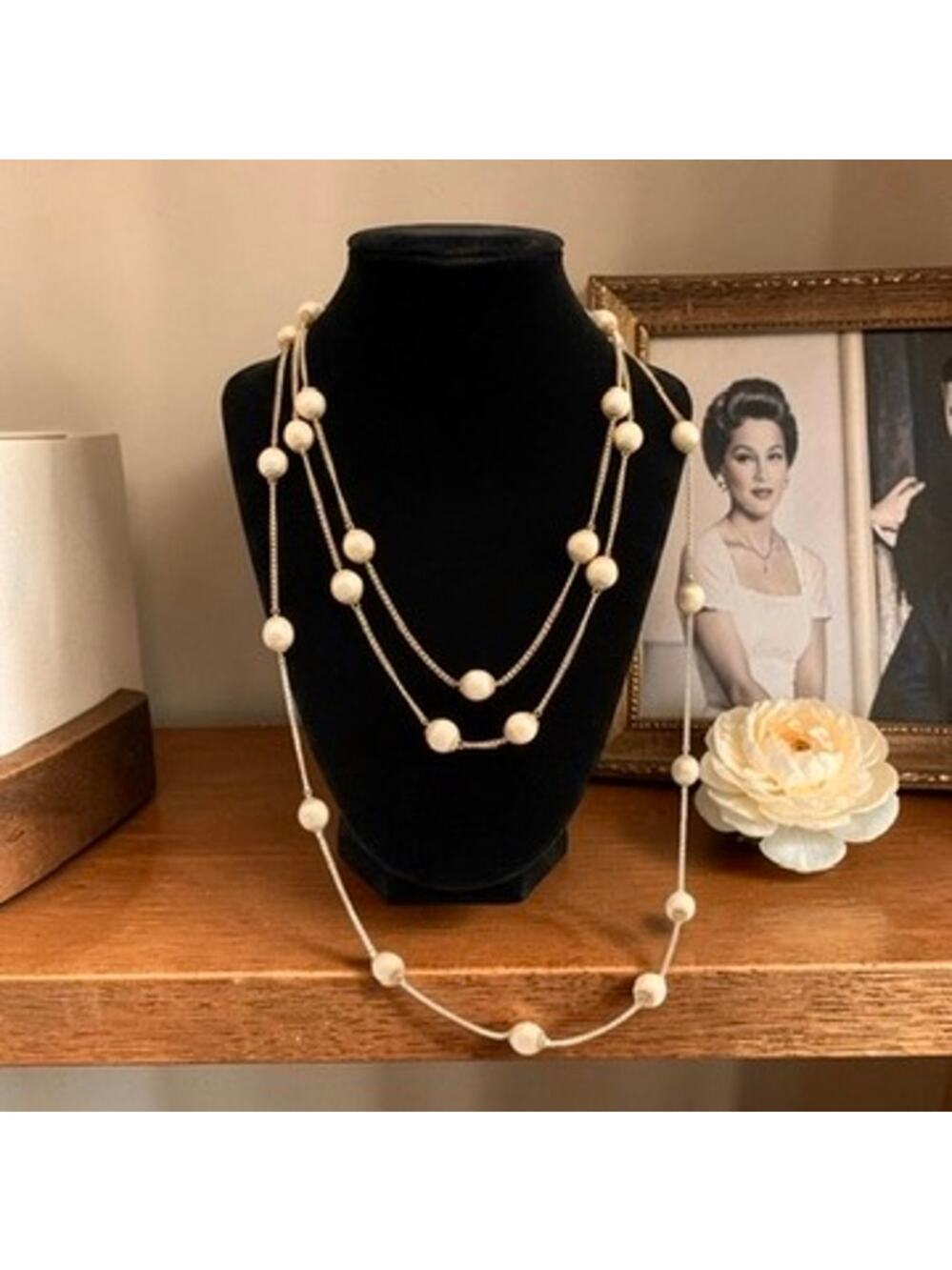 Vintage Coro Faux Pearl Necklace-Gold Tone-Long Station-Layered-Mid Century-50s
